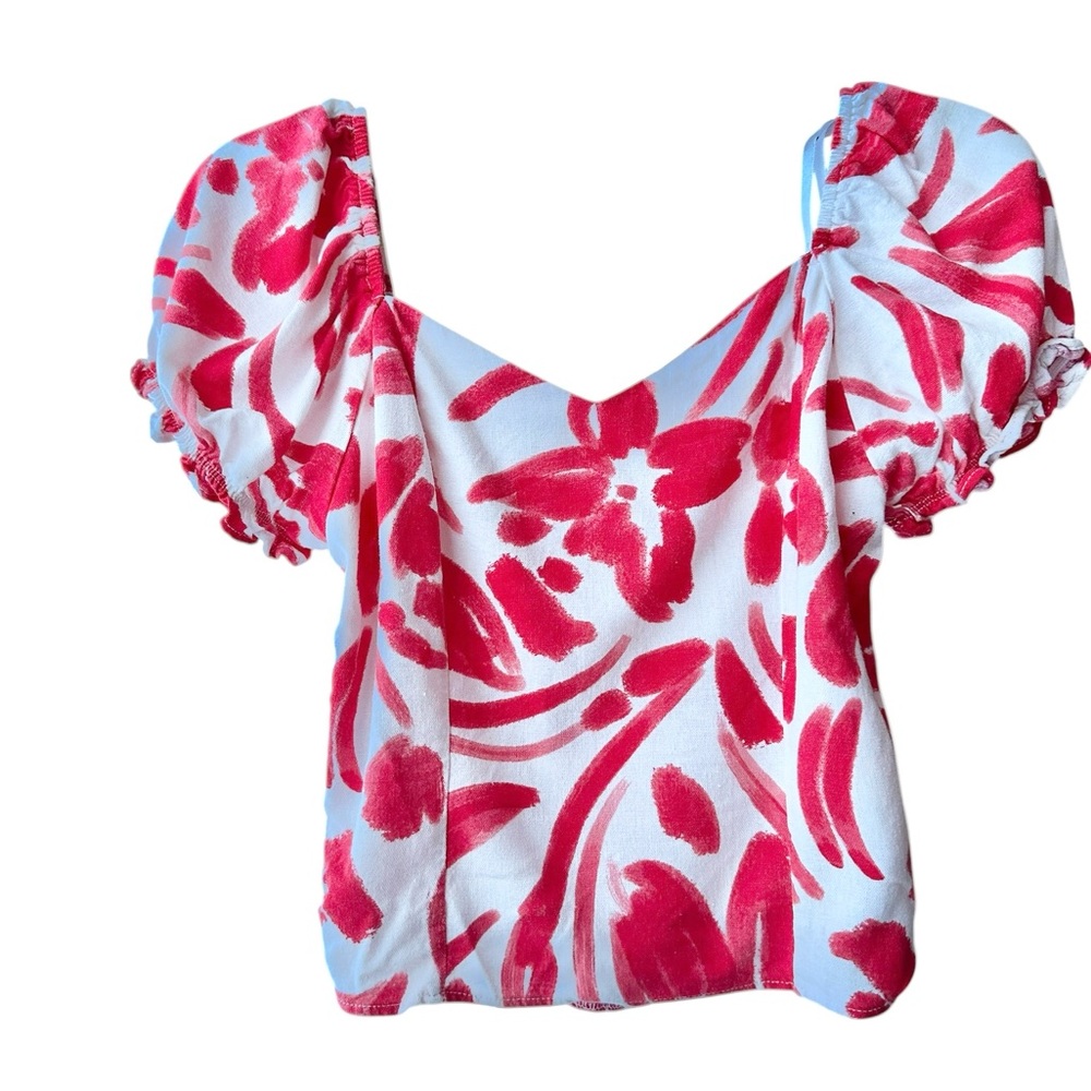 Monteau LA Smocked Red Floral Puff Sleeve Cottage Linen Crop Top S Double V Neck